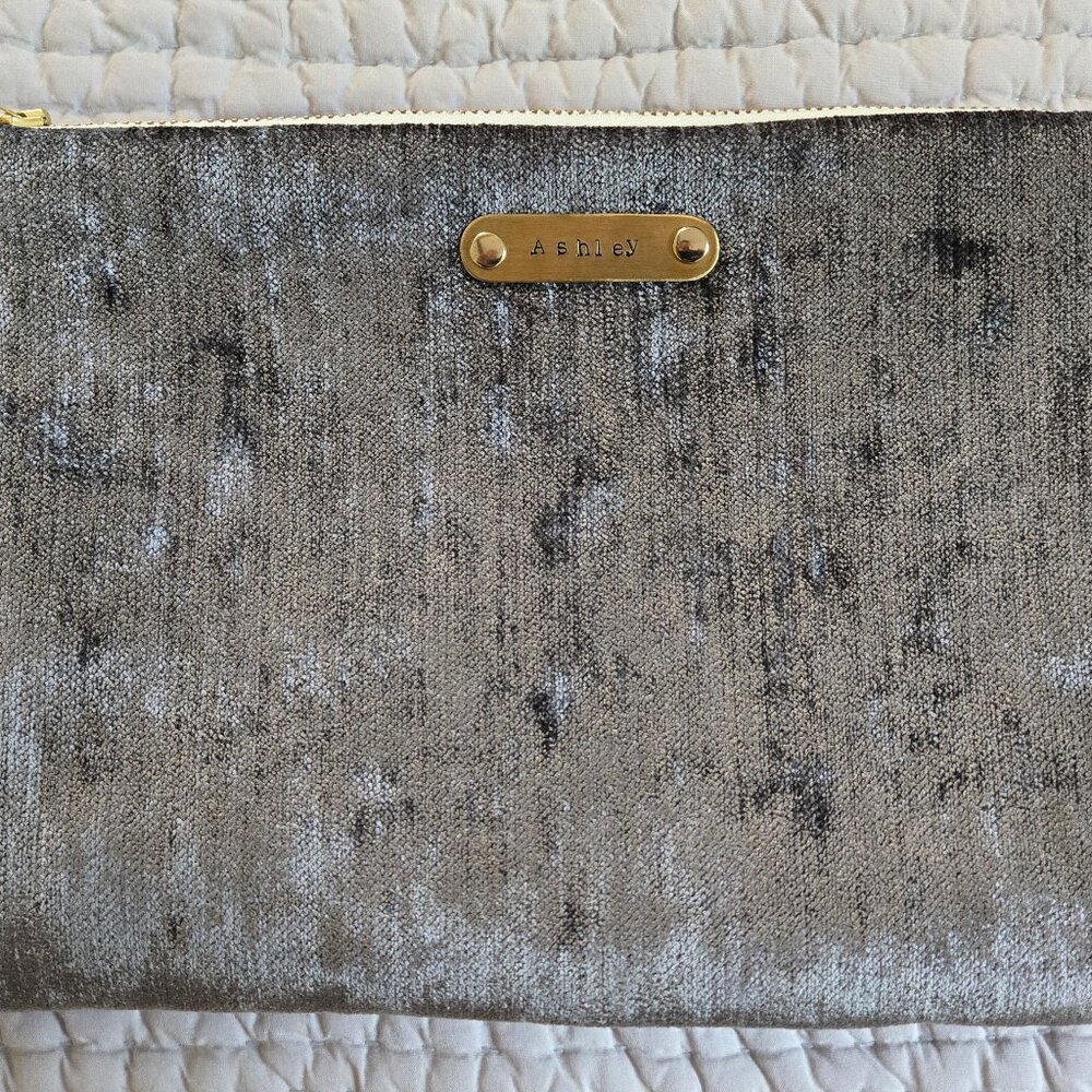 "Ashley" blue-grey velvet zipper pouch / bag